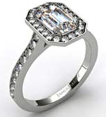 14k White Gold Pave Set Halo Engagement Ring with Emerald Cut Diamond